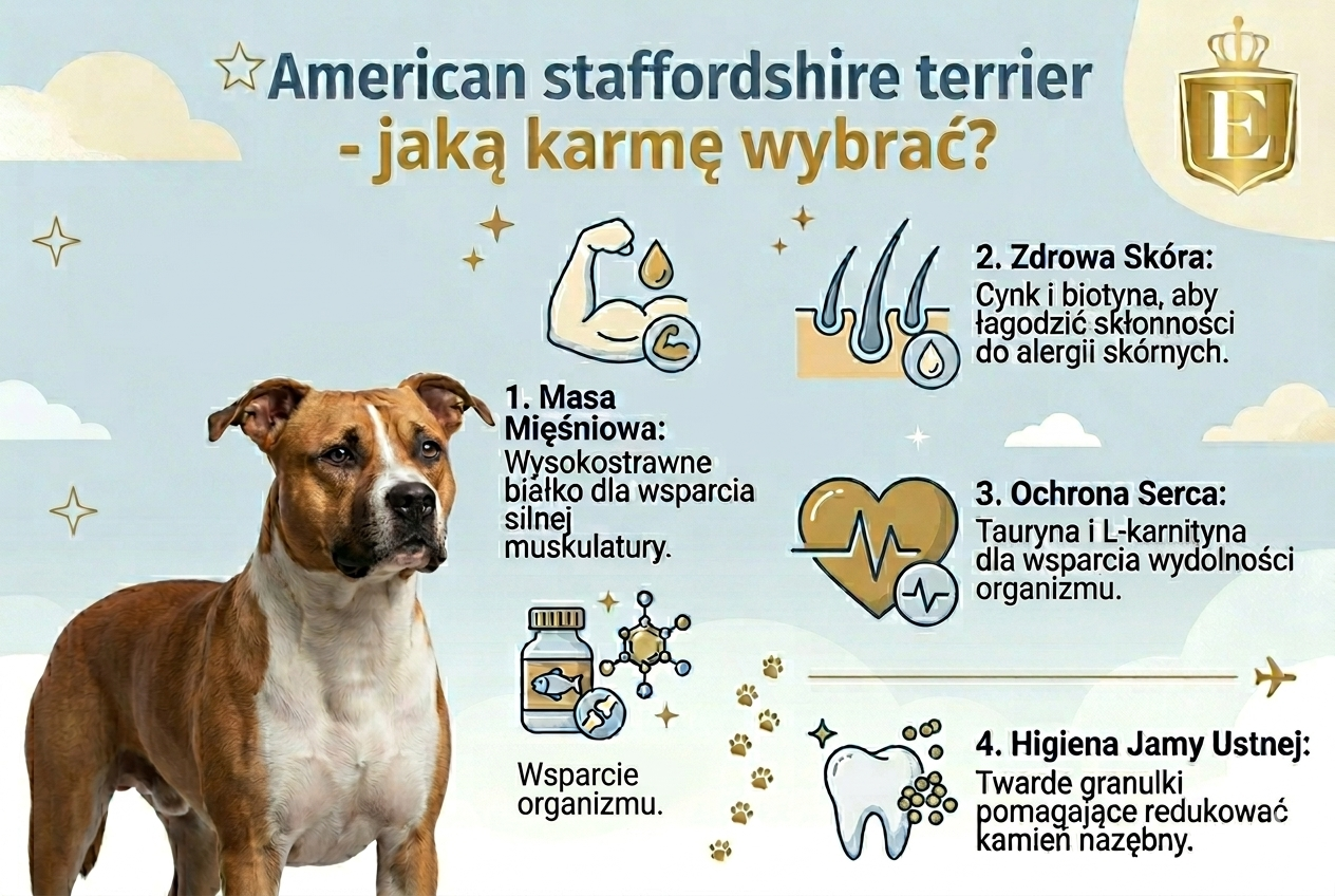 American staffordshire terrier – infografika przedstawiająca najważniejsze zasady żywienia amstaffa, w tym wsparcie masy mięśniowej, zdrowia skóry, pracy serca oraz higieny jamy ustnej dzięki odpowiednio dobranej karmie.